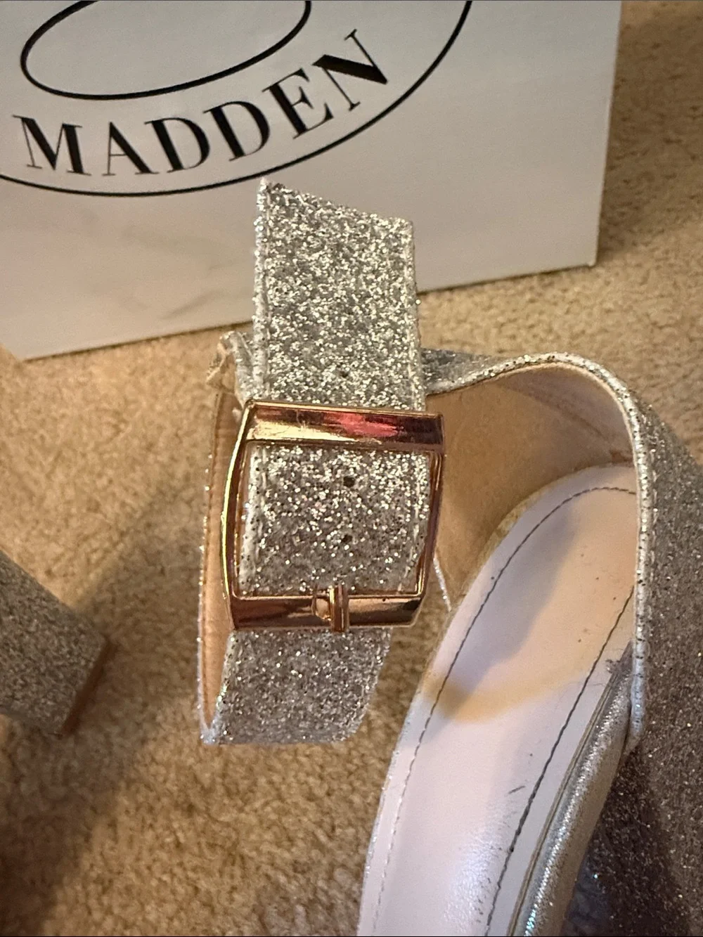 Steve Madden Silver Glitter Block Heel Sandals with Ankle Buckle